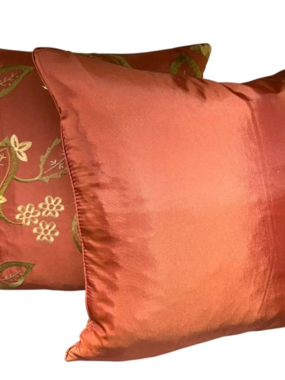 Set of 2 Rust/Gold Embroidered Floral Throw Pillows 17x17 Decorative Accent